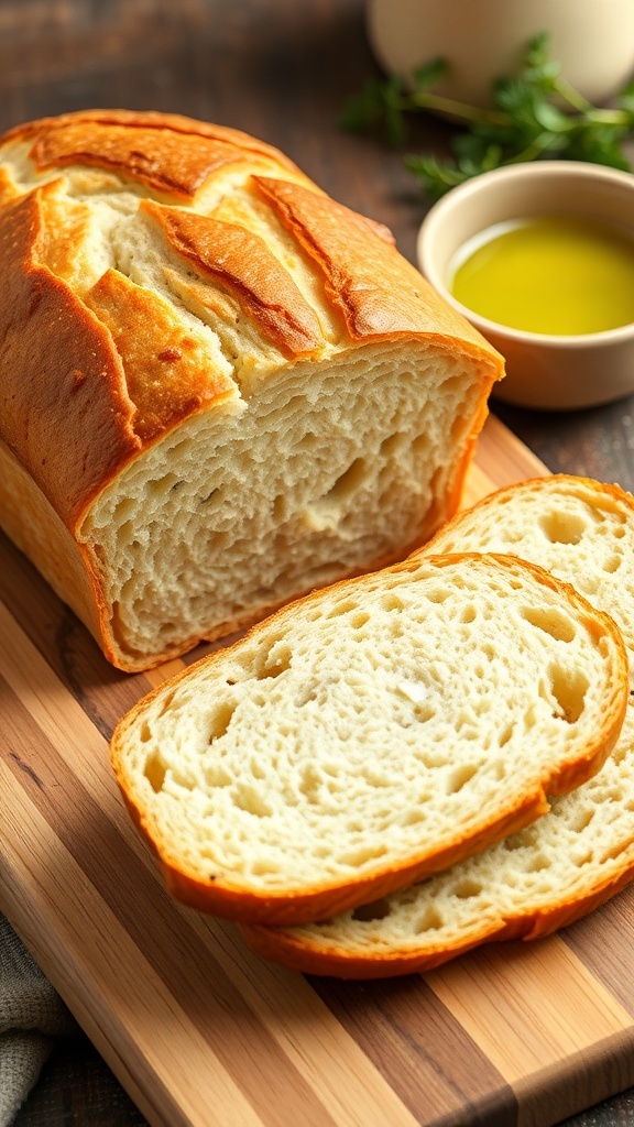 Gluten-Free Bread Recipe A golden brown gluten-free bread loaf sliced on a wooden board with olive oil and herbs in the background.